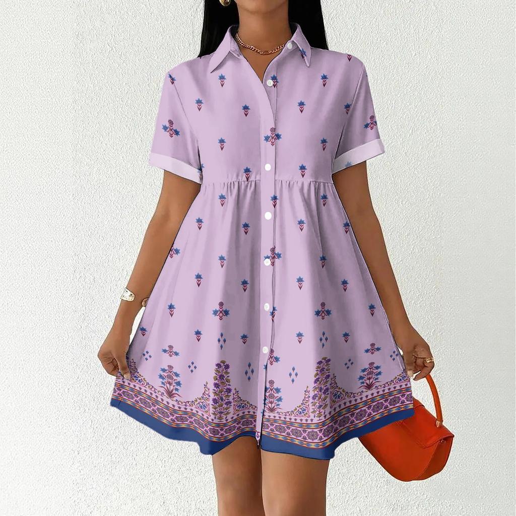 Women's Casual Loose Fit Shirt Dress Button Front Short Sleeve Collar Dress with Floral Print and Border Pattern Suitable for Daily Wear
