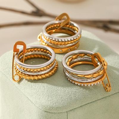European American INS Style Multi-Layer Paperclip Ring with Inlaid Diamonds and Color-Blocked 18K Gold Plated Stainless Steel for Women