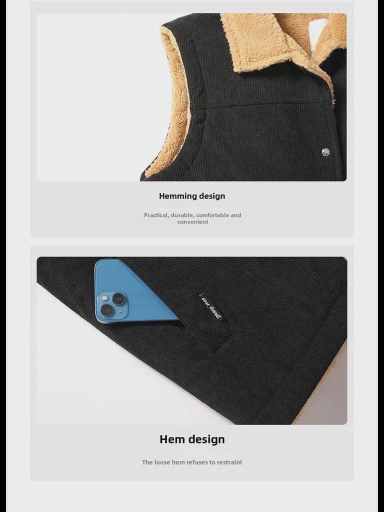 Vestă casual de exterior fără mâneci pentru bărbați, mărime plus, din piele de miel cu căptușeală de catifea