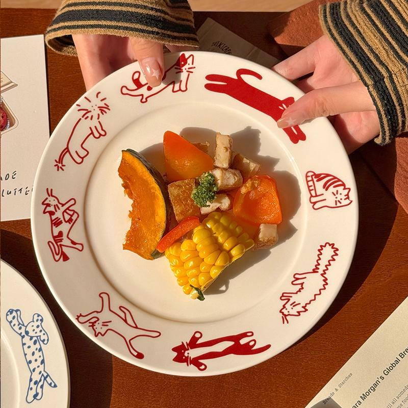 Korean Cute Cat Puppy Graffiti Plate Ins Ceramic Breakfast Plate Vintage Household Utensils Coffee Shop Cake Dessert Fruit Plate