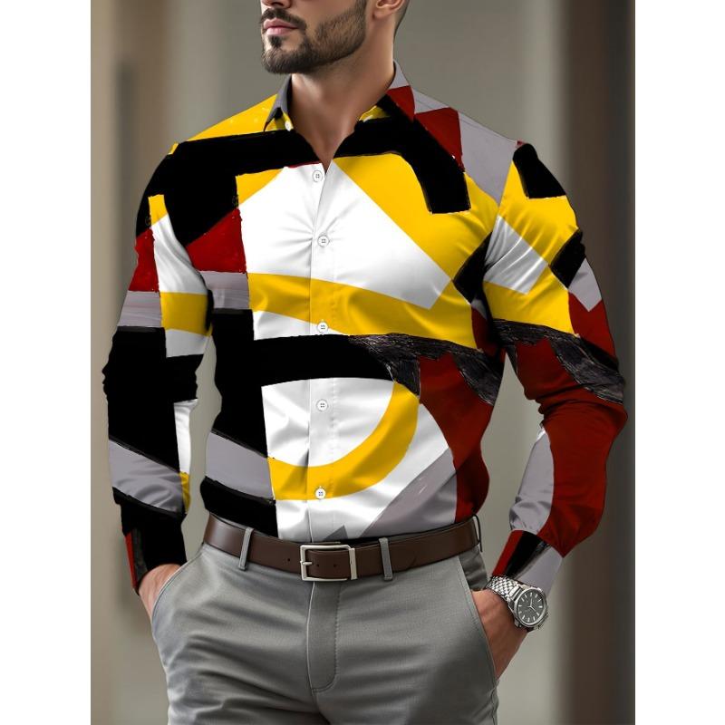 Plus size men's casual long sleeve printed shirt red yellow black gray abstract line graphics