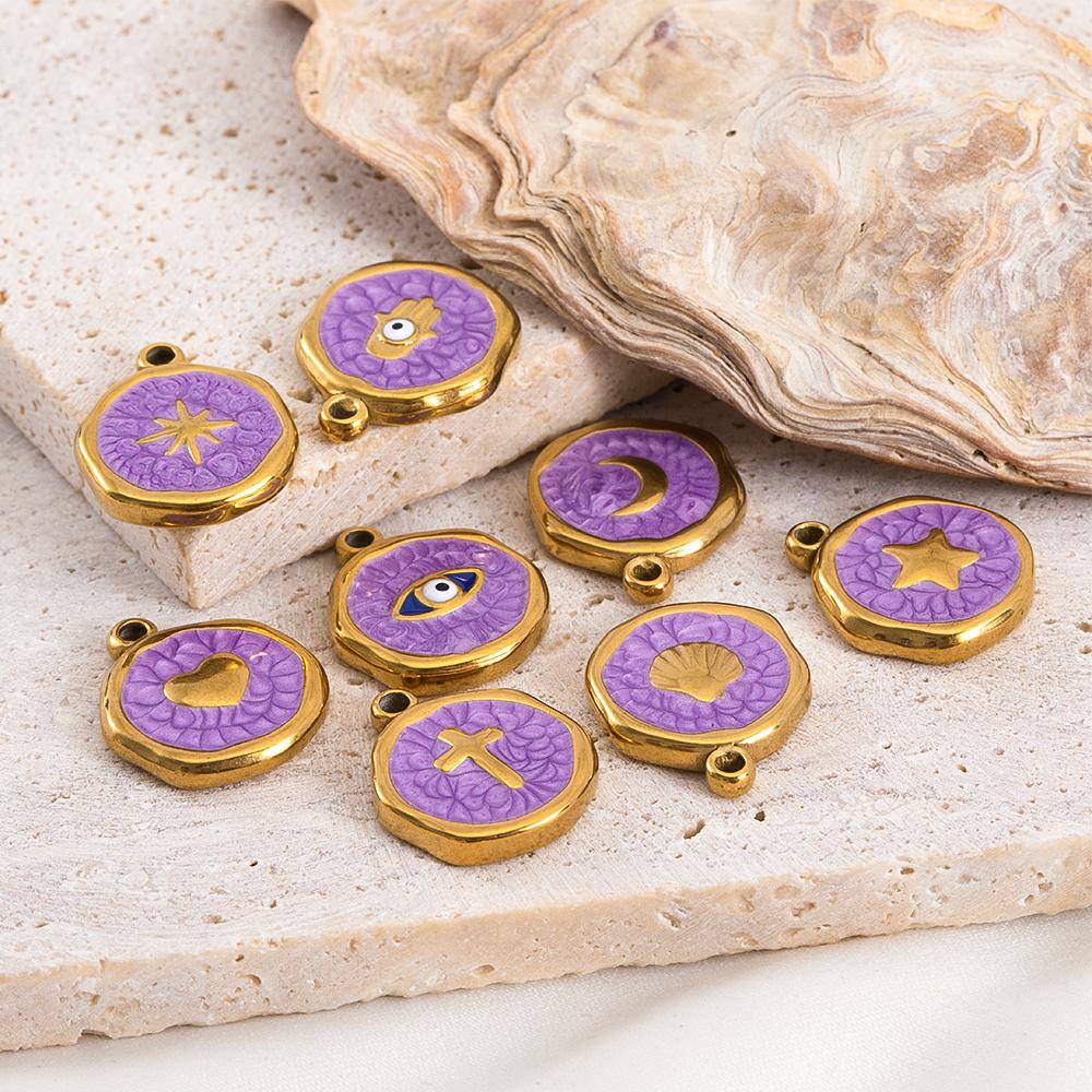 5 Pcs/Lot French Retro Style Enameled Round Stainless Steel Multi Pattern Pendant For DIY Necklace Jewelry Accessories Wholesale