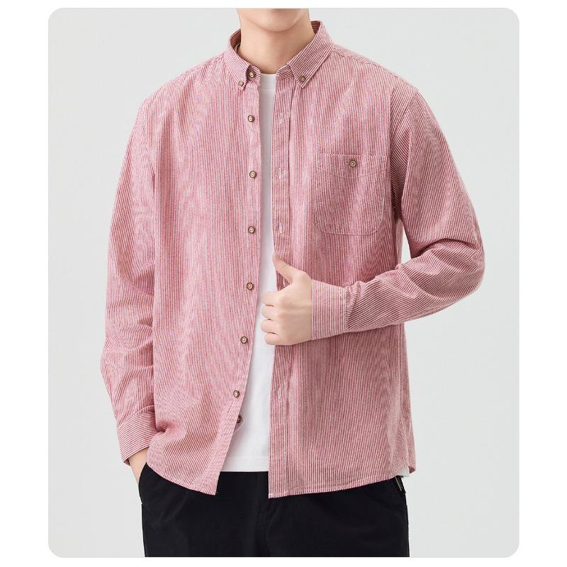 

Men s Pink Striped Long Sleeve Button Down Shirt - Oversized Casual Cotton Shirt with Pocket S красный