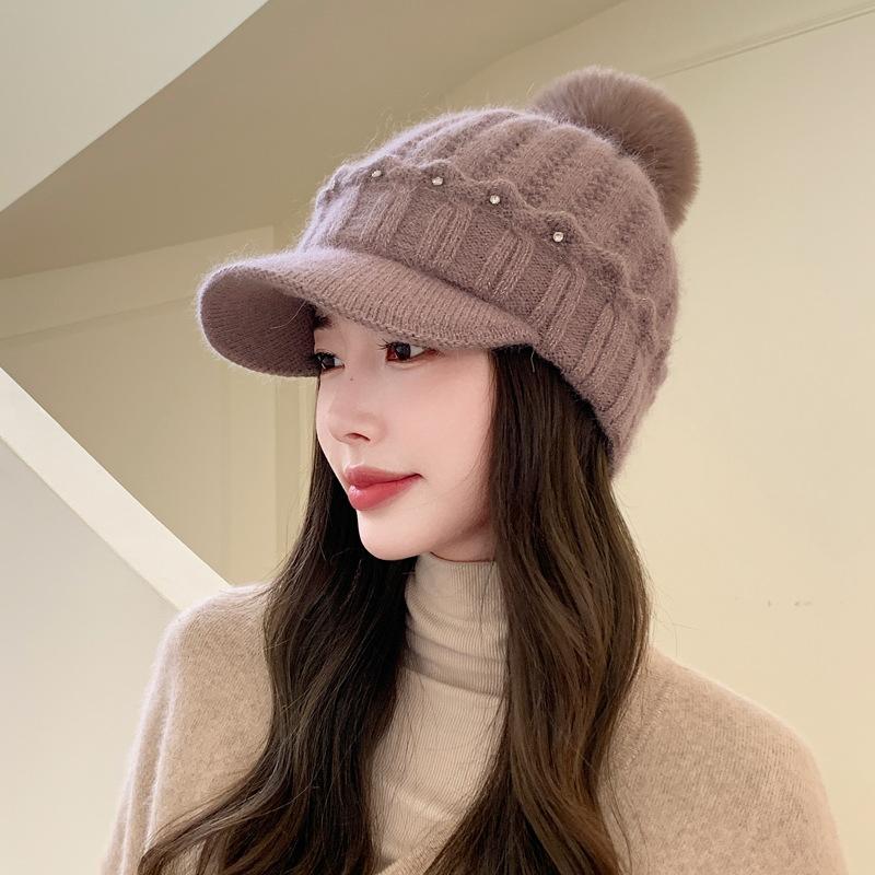 Knitted Baseball Cap Female Rabbit Hair Blended Cap Fleece Warm Wool Cap Autumn And Winter Cold Ear Protector Tide