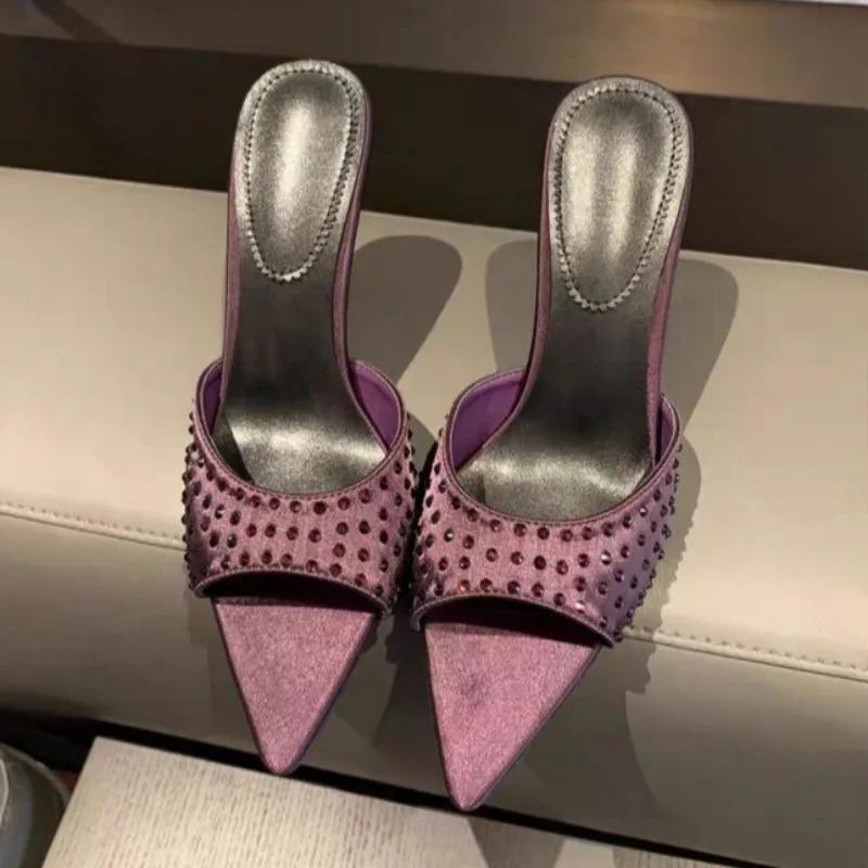 Fashion Pointed Toe High Heels Slippers Women Heeled Sandals Crystal Shoes Sexy 2025 Fashion Summer Open Toe Dress Pumps Party Slides