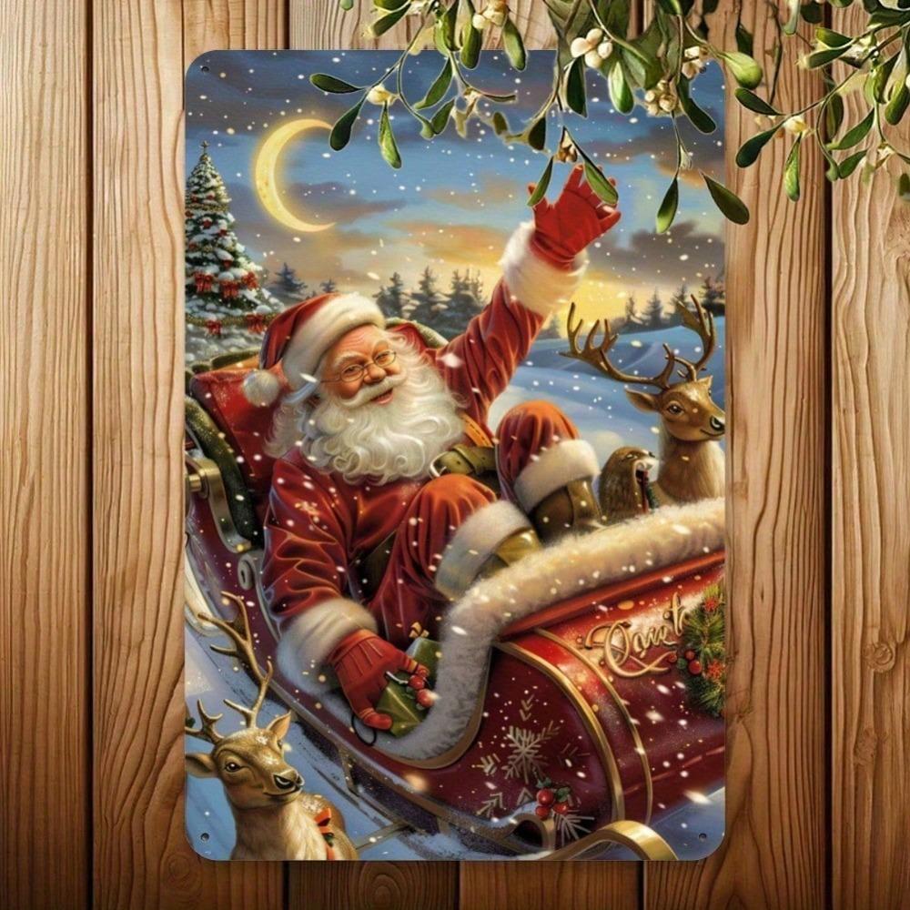 Vintage Santa Sleigh Metal Tin Sign 8x12 Inch Iron Plate Wall Art Home Decor Christmas
