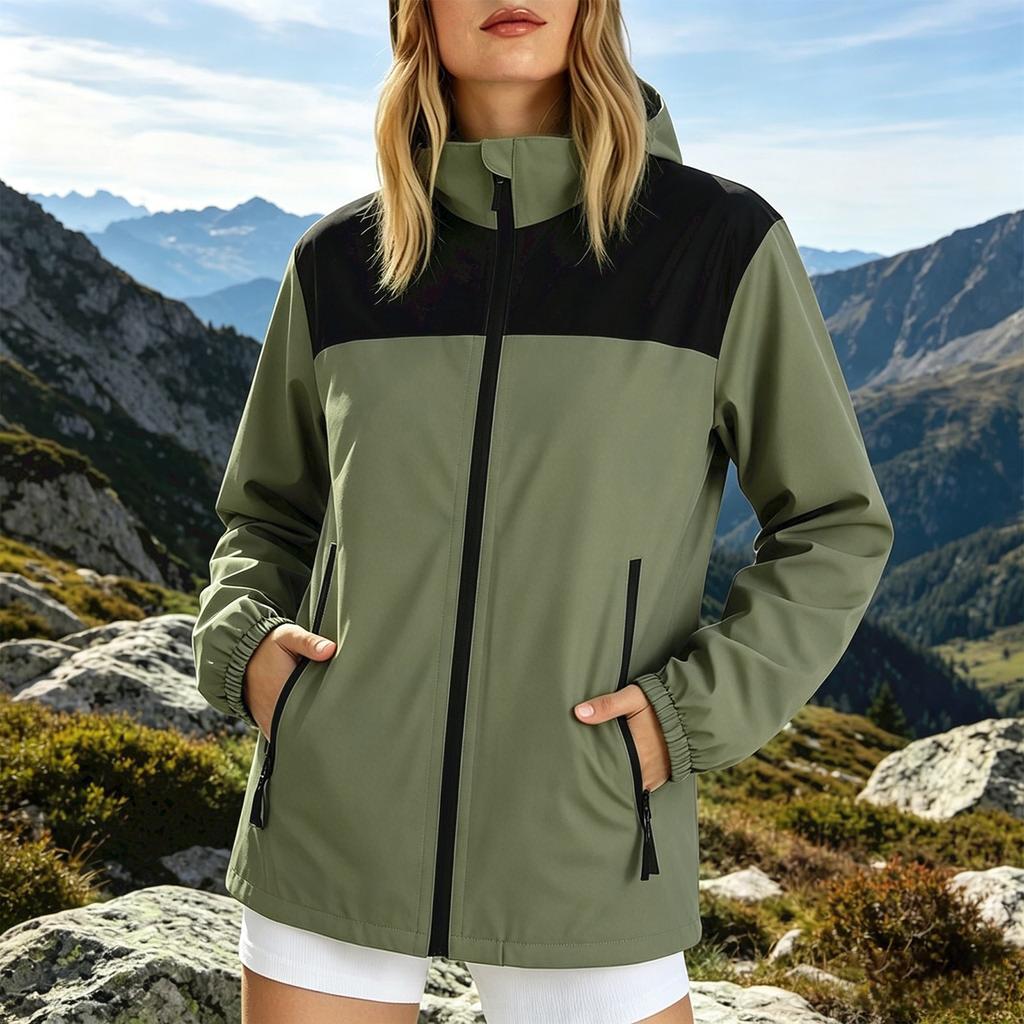 Women Lightweight Outdoor Jacket Hooded Windproof Waterproof Shell Coat Long Sleeve Zip Up Casual Sportswear