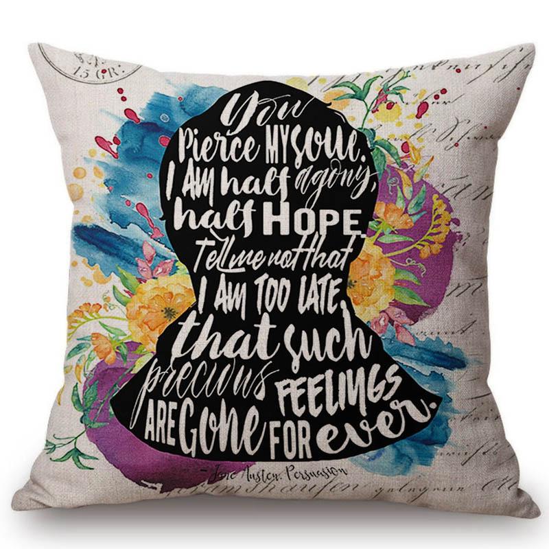 18" Square Floral Jane Austen Quotation Letter Print Sofa Throw Pillow Cover Case Cotton Linen Nordic Masterpiece Cushion Cover