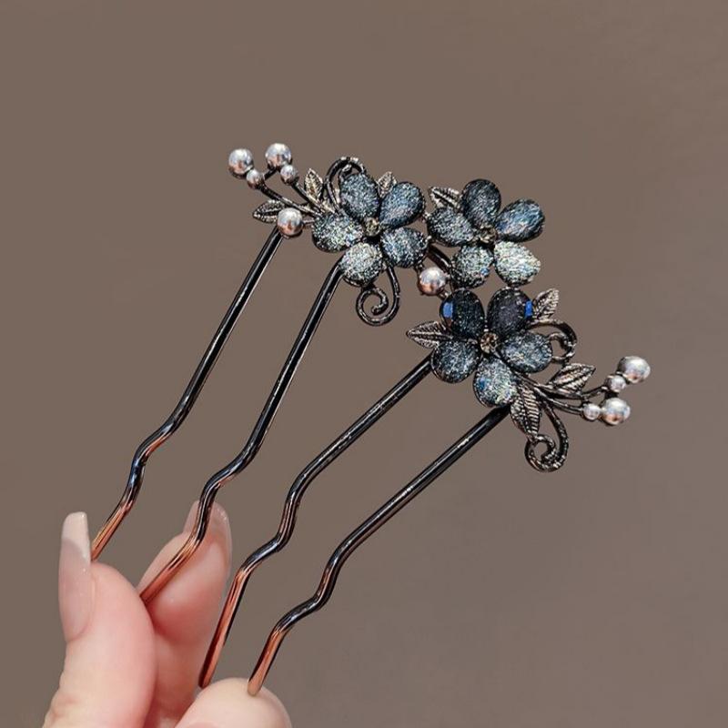 Chinese Ancient Exquisite Pearl Rhinestone Flower U-shaped Hair Comb Women Elegant Temperament Daily Metal Hairpin