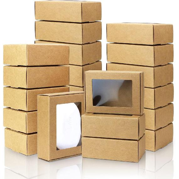 BadenBach 50 Pack Mini Rectangle Kraft Paper Boxes with Clear Windows,3.33" x 2.35" x 1.18",Tiny Small Homemade Soap Packaging Box Small Gift Boxes