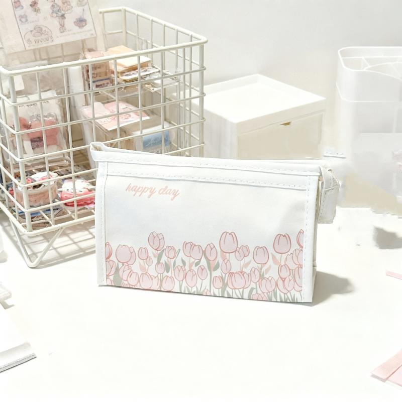 

Cute Sweet Tulip Flower Pu Pencil Case Large Capacity Stationery Bag Simple Multifunctional Waterproof Portable Storage Bag as the picture