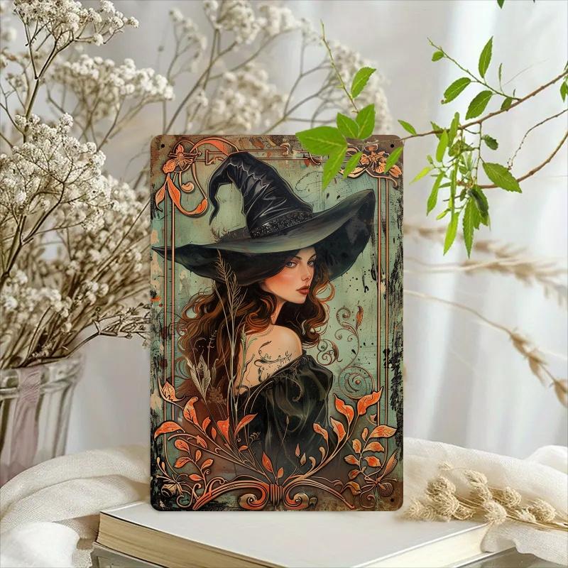 Room Decor 1pc Vintage Witch Metal Tin Sign, 8x12 Inches, Iron Wall Art with Pre-Drilled Holes, Elegant Witchcraft Themed Decor