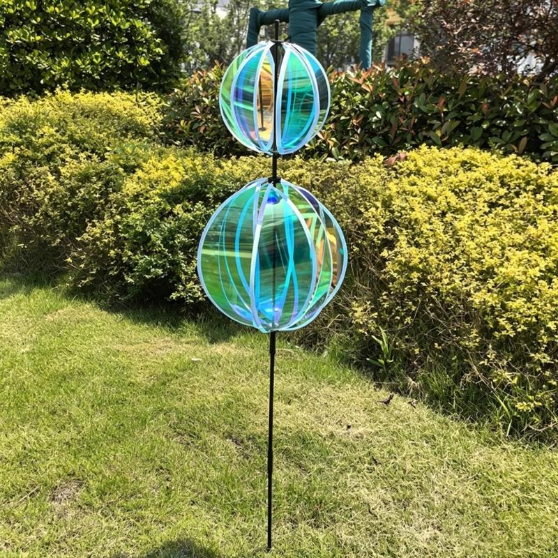 Rainbows Rotating Windmill Decorative Stake Reflective Outdoor Gazing Ball Wind Spinner For Garden Yard Patios Outdoor Use