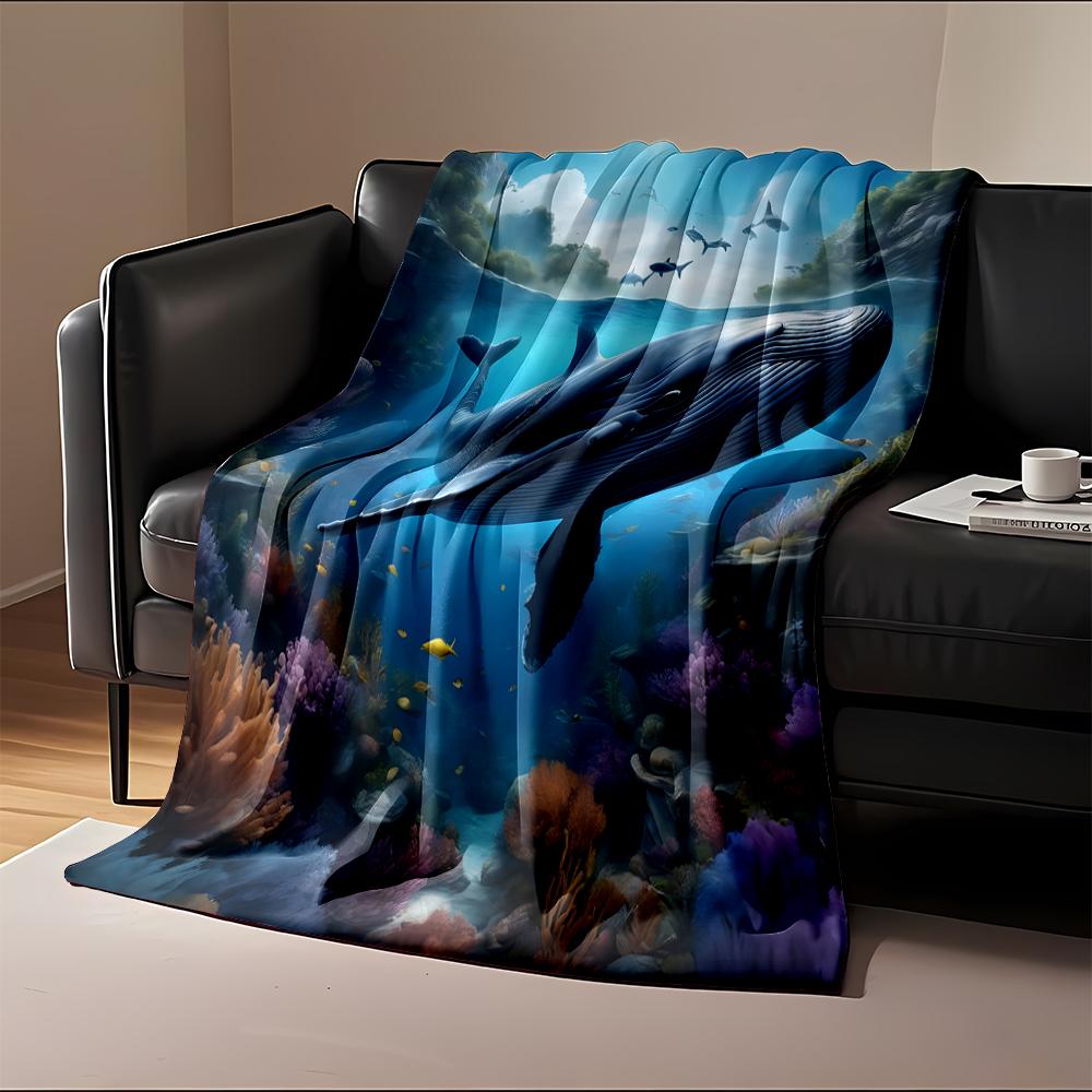 Humpback Whale In Vibrant Coral Reef Scene Flannel Blanket for Bedroom, Living Room, Sofa, and Nap Sofas