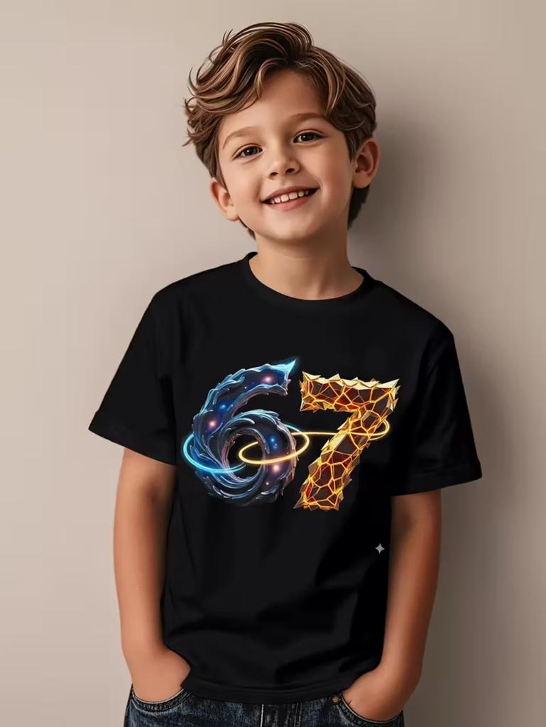 67 Meme Graphic Tshirt Kids Funny Number Print Summer Short Sleeve Loose Streetwear Tops
