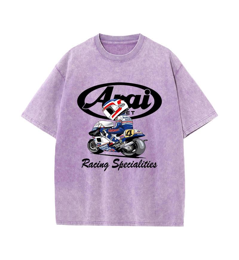 

2025 Лето 100% хлопок стираный Old Craft свободная футболка большой размер О-образный вырез свободная мужская футболка гоночный узор печать XXL фиолетовый