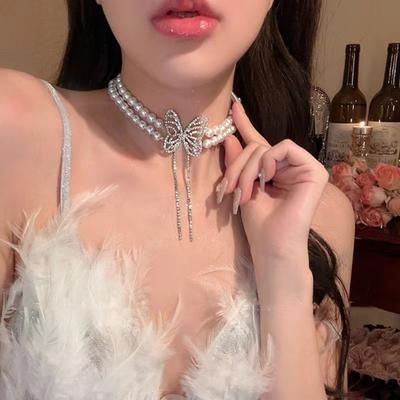 Faux Perlen Choker Halskette Damen Elegant Weiß Faux Perlen Halskette Funkelnde Strass Choker für Hochzeiten Partys Dating