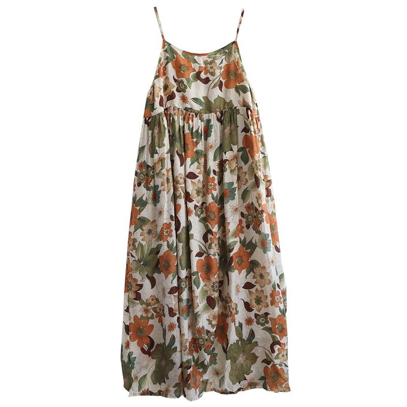 Sleeveless Strap Cotton Vintage Floral Dresses for Women Casual Loose Long Summer Dress Elegant Clothing