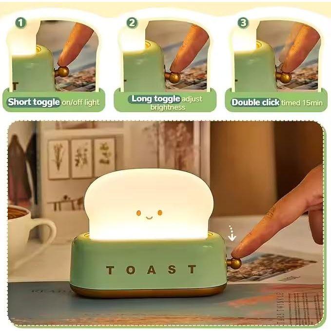 Plastic Adorable Toast Night Lamp for Kids | Rechargeable LED Bedside Light with Smiling Face | Cute Desk Lamp for Bedroom, Nursery, Study
