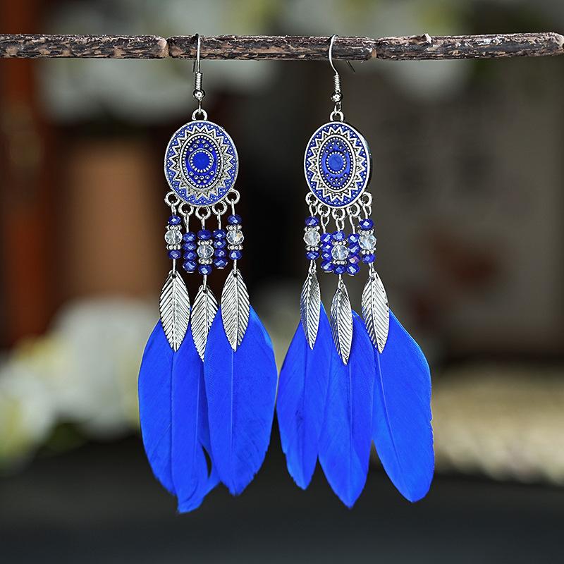 Boho Lange Feder Hängende Ohrringe für Damen Blatt Quaste Kristallperlen Handgefertigt Runde Blume Emaille Hochzeit Braut Schmuck Geschenk