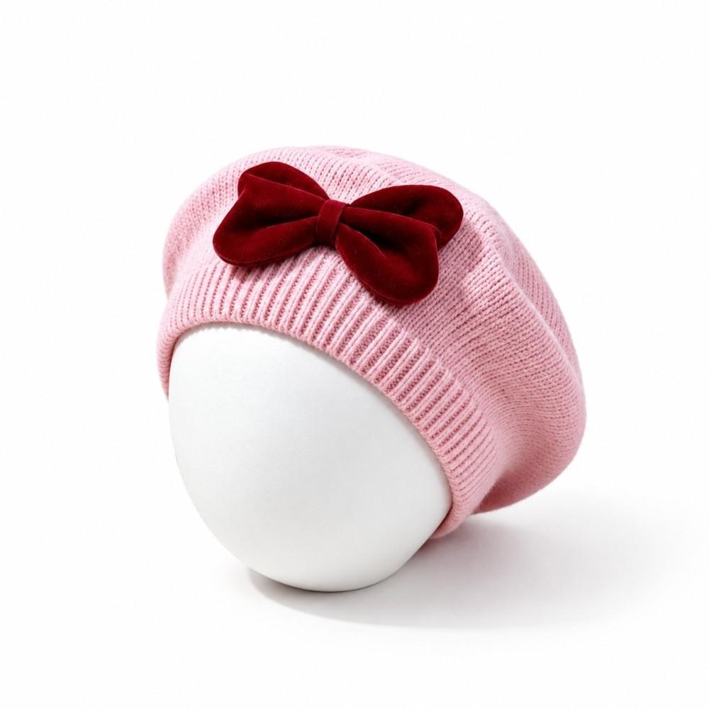 Solid Color Girls Bow Hat Warm Kid Beret Cap Fashion Children Bow Beret  For 6M-3Y