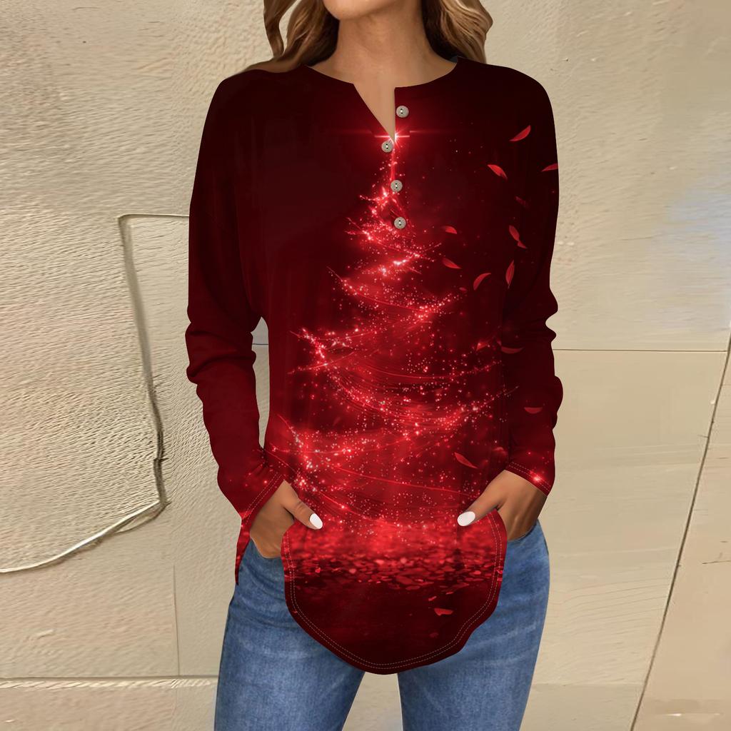 Damska modna bluzka o luźnym kroju z kołnierzykiem zapinanym na guziki i świątecznym nadrukiem z długim rękawem