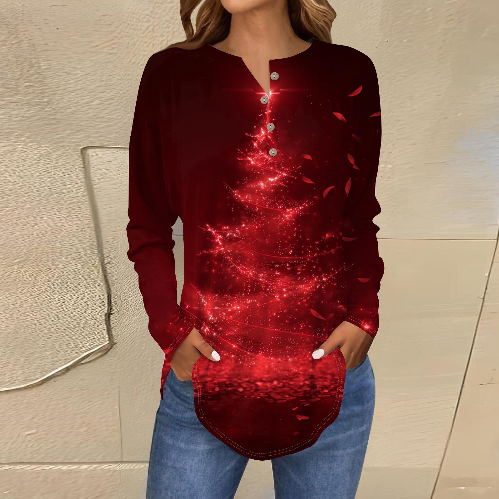 

Женская модная блузка свободного кроя с пуговицами и воротником на пуговицах, с рождественским принтом и длинными рукавами XL винный