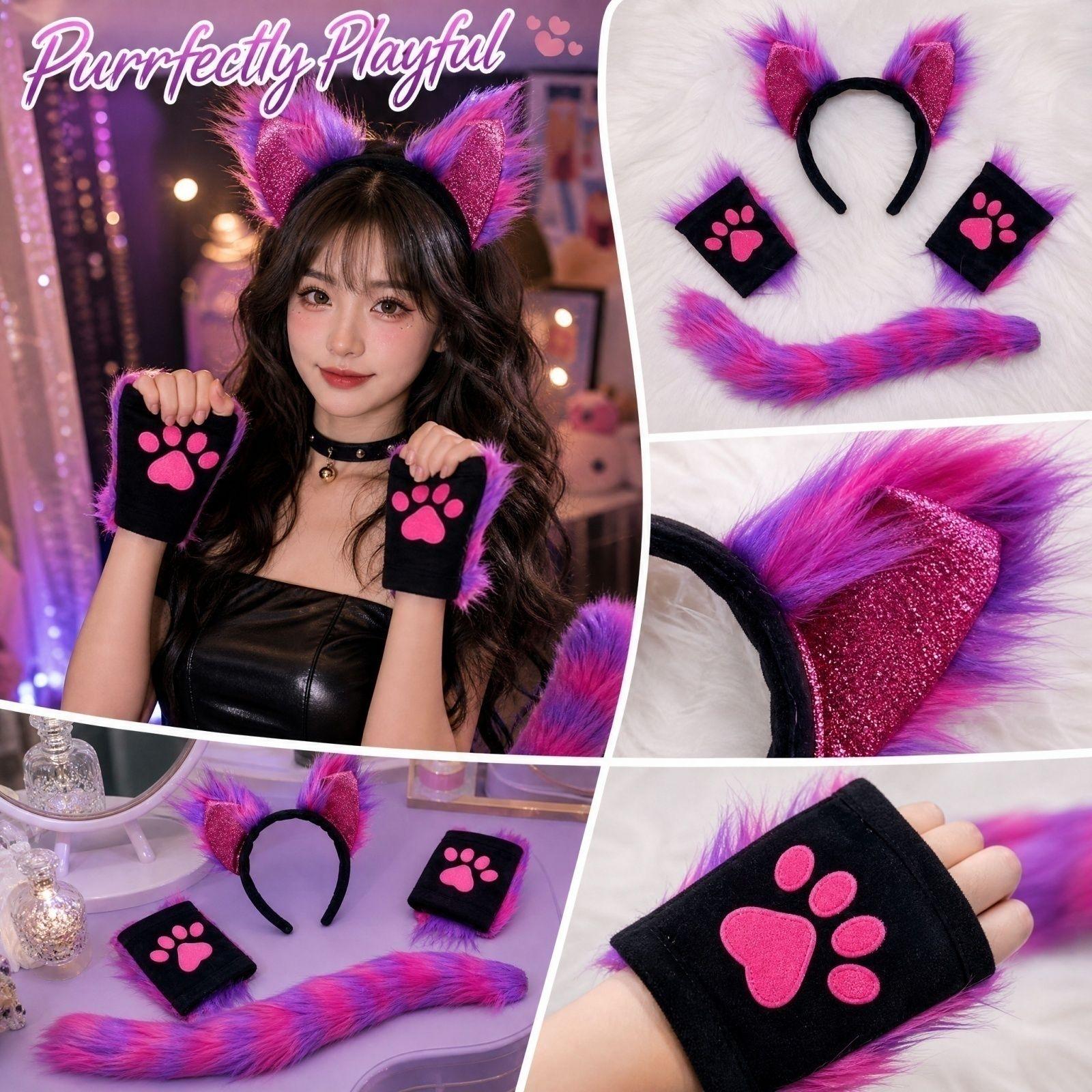 Ohren-Stirnband, Handschuhe und Schwanz Set - 3-teiliges Party-Kostümzubehör für Damen One Size violett