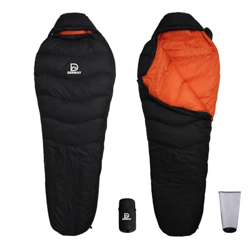 DERWAY Winter Down Sleeping Bag (220*85 Cm) Wide Mummy Style, 680FP Down Filling, -15℃~3℃, Includes Pillow, Four-Season Use, Compact Storage Bag Inclu