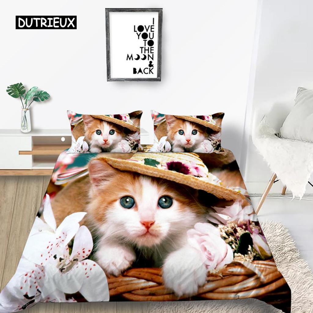 Cat Duvet Cover Set King Size Microfiber Cute Animal Print Girl Teen Kid Comforter Cover Lovely Kitty Series Pattern Bedding Set