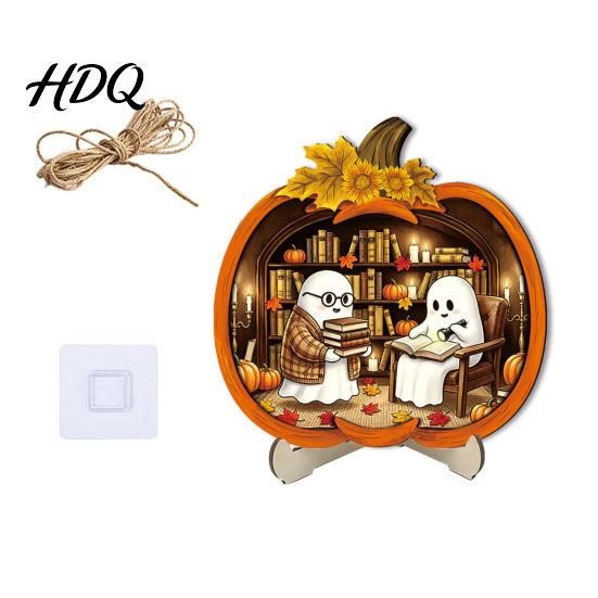 Durable Halloween Decorations Door Sign Glowing Ghost Hanging Decor Wooden LED Window Cool Patterned Ornaments Ornament for Party Spooky
