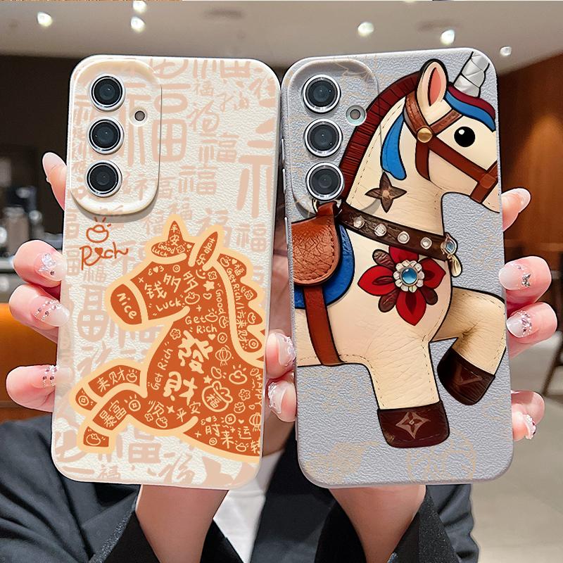 Vintage Lucky Golden Horse Case For Samsung S26 S25 S24 Ultra S23 S22 S21 FE A15 A16 A17 A35 A36 A37 A54 A55 A56 A57 5G Leather Texture Soft Cover
