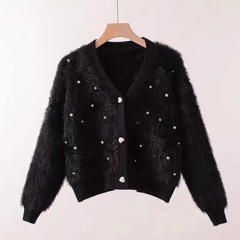 Small Perfume Style Beading Imitation Mink Velvet Sweater Jacket Women Loose Short V-neck Knitted Cardigan Comfortable Versatile and Fashionable