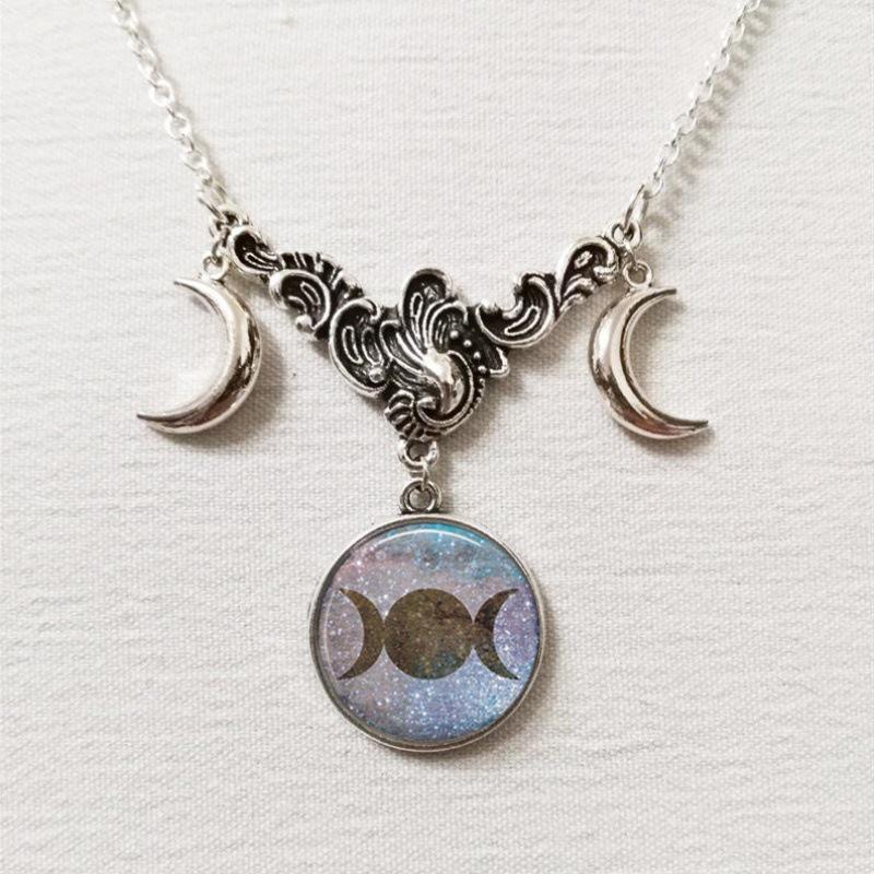 Triple Moon Silver Necklace with Full Moon and Crescent Pendant