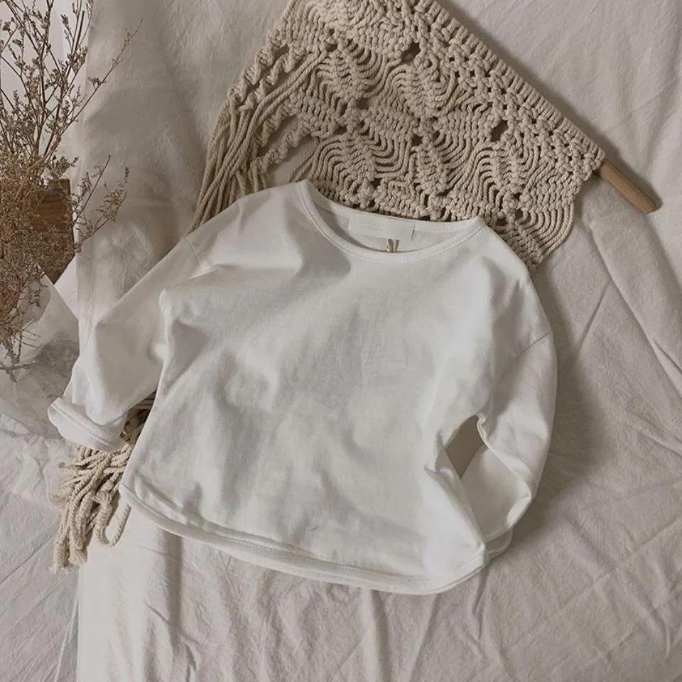 

Весна-Осень Однотонная Детская Одежда Детская Повседневная Универсальная Свободная Рубашка С Длинным Рукавом Круглый Вырез 130cm белый