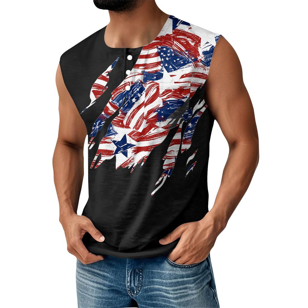 Men's Summer Independence Day Printed Sports Button Pocket Sleeveless Tank Top