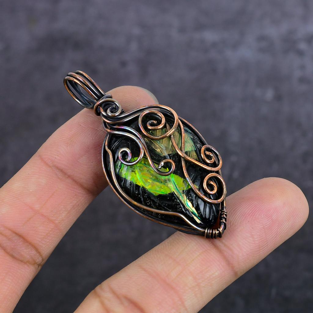 Dichroic Glass Gemstone Handmade Copper Wire Wrap Jewelry Pendant 2.25" P2t61