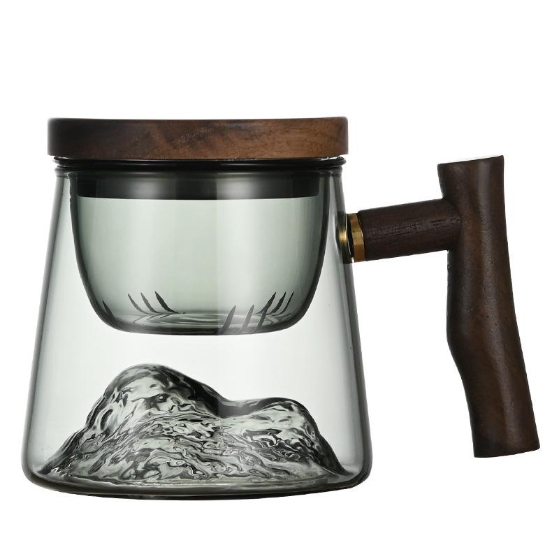 400ml Glass Tea Mug With Wood Handle Chinese Heat Resistant Puer Tea Water Separation Cups Kung Fu Tea Cup Set