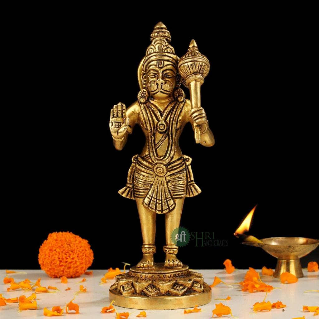 Pure Brass Standing Hanuman Ji Bajrang Bali Sankat Mochan Idol, Gold - 20 Cm