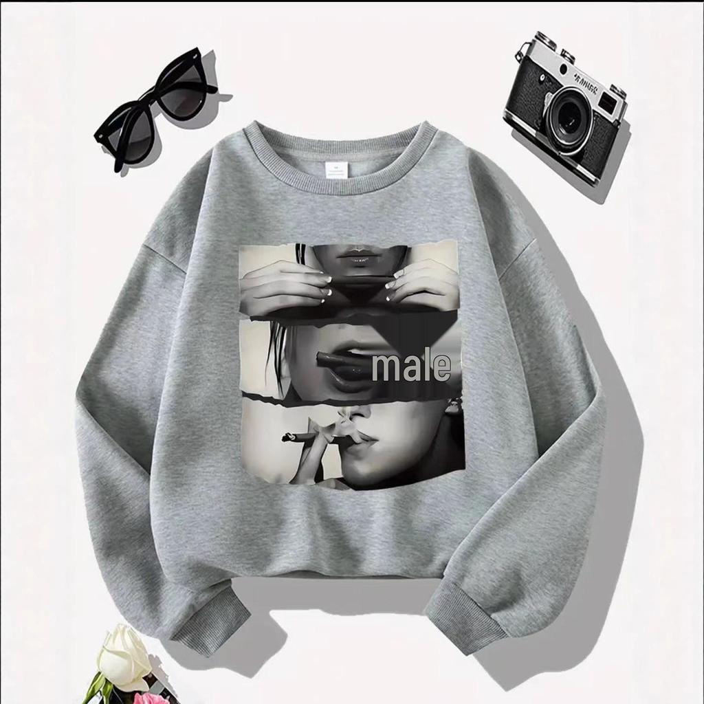 Cross-border Autumn/Winter Lip Print Loose Fleece Sweatshirt
