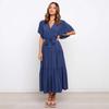 New v-neck commuter solid color short-sleeved waist dress, bohemian dress