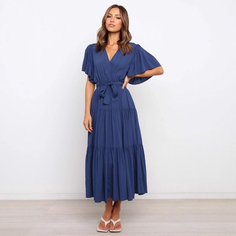 New v-neck commuter solid color short-sleeved waist dress, bohemian dress
