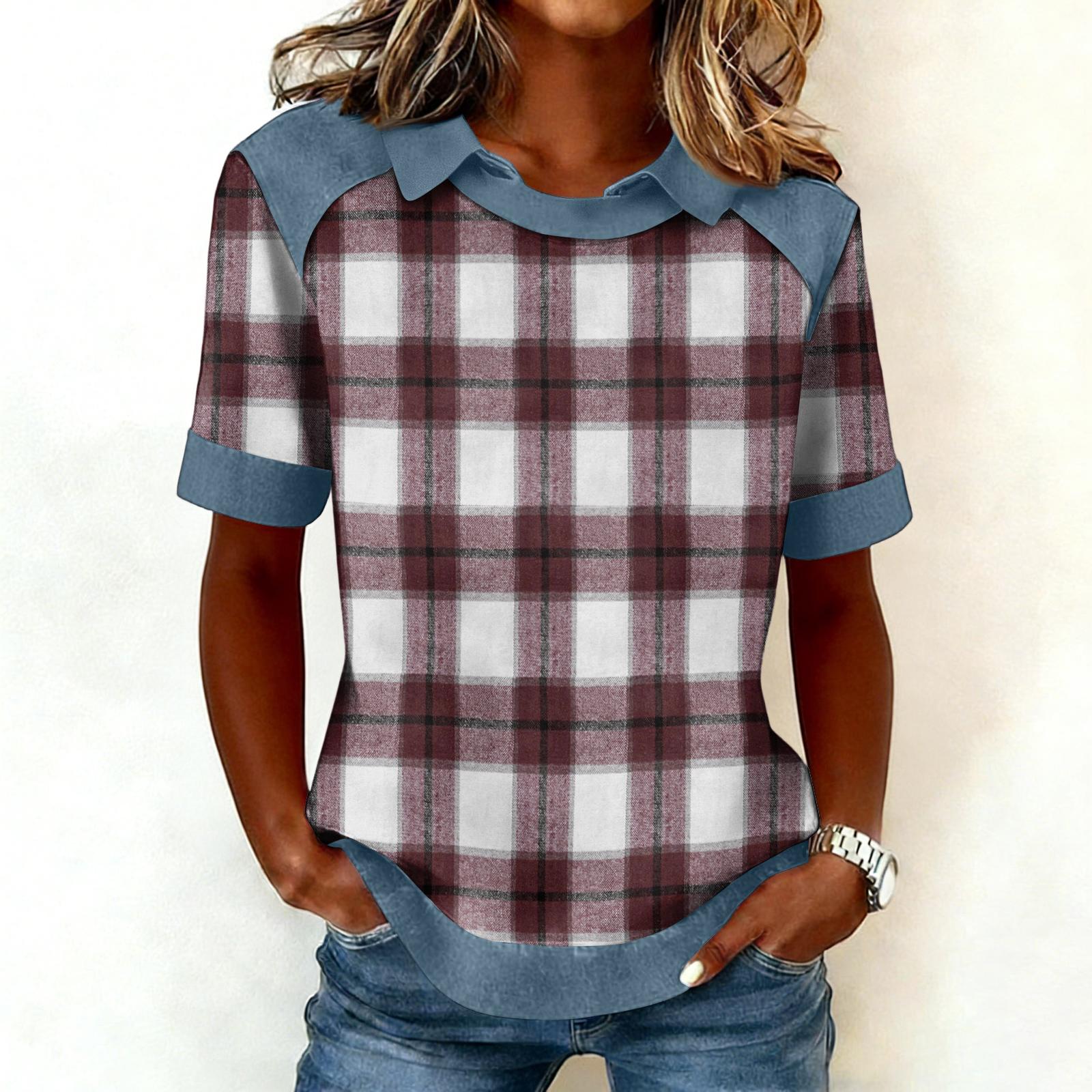 

Women s Fashion Collar Cowboy Splicing Sweatshirt Casual Printed Hoodie Short Sleeve Shirt Top XL винний