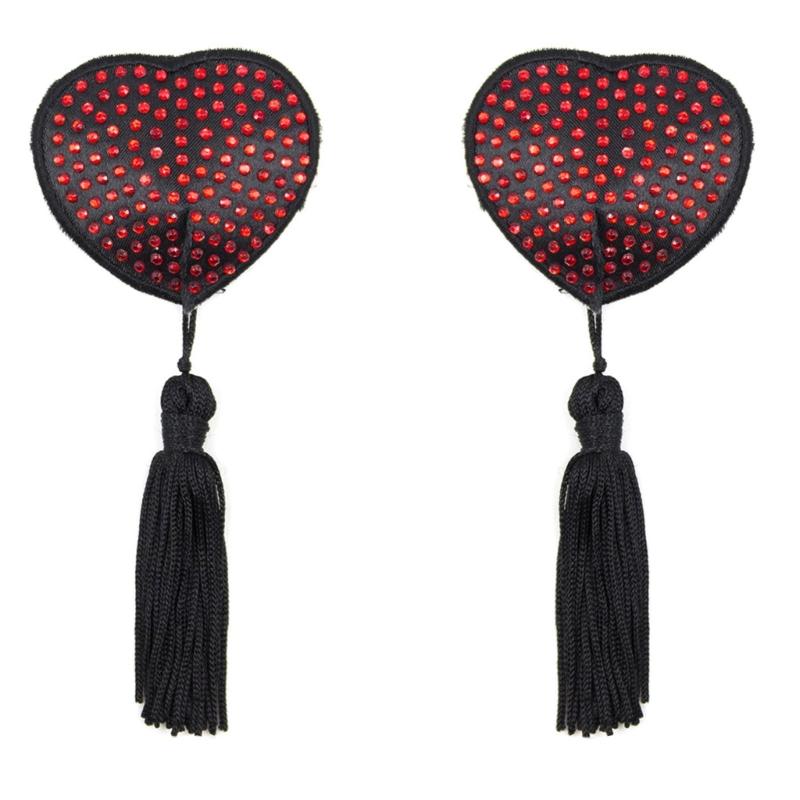 Women Rhinestones Heart Shape Nipple Cover with Tassels Reusable Adhesive Pasties Rave Club Party Breast Pads Sticky Bra