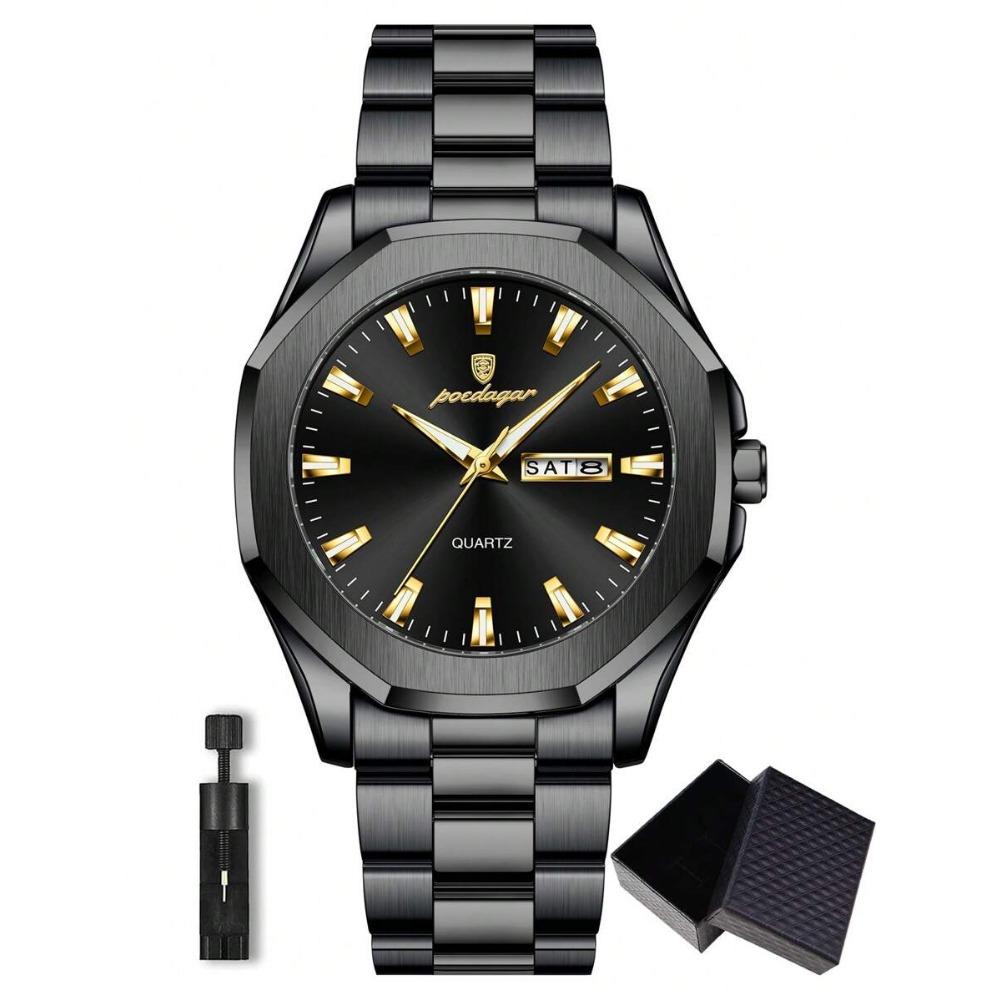 POEDAGAR 1pc Casual Men's Stainless Steel Quartz Wristwatch, Dual Date Display, Business Waterproof Luminous Wristwatch, Men's Gift