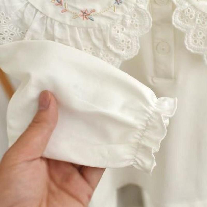 Girls Long Sleeve Cotton T-Shirt With Floral Embroidery Ruffled Collar Toddlers 3-8 Years