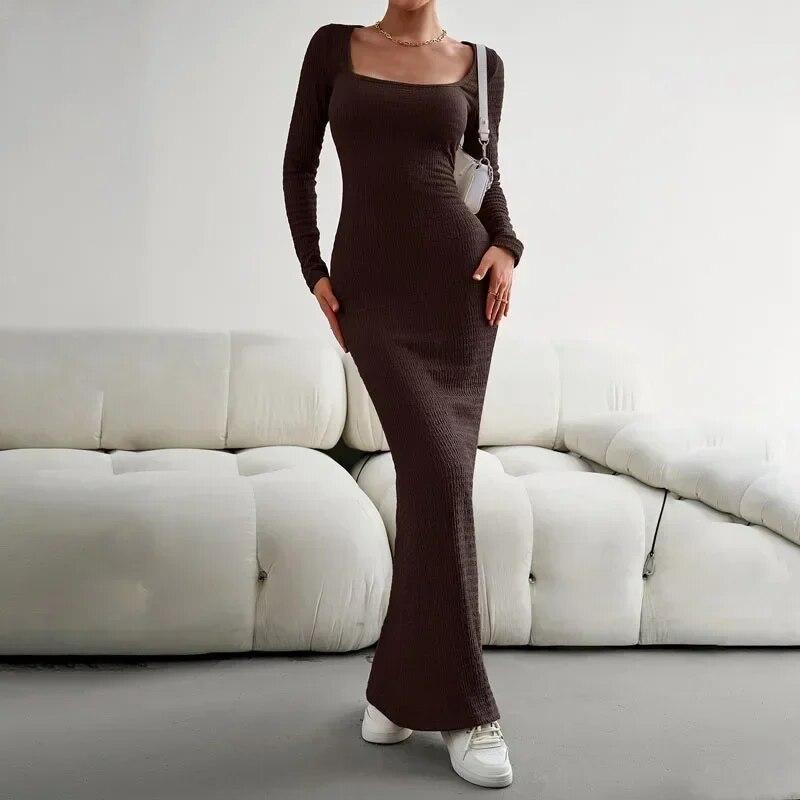Sexy módní šaty se čtvercovým výstřihem Dámské Elegantní šaty s dlouhým rukávem Úzký střih Pletené šaty Kancelář-lady Pevné dámské oblečení 30296