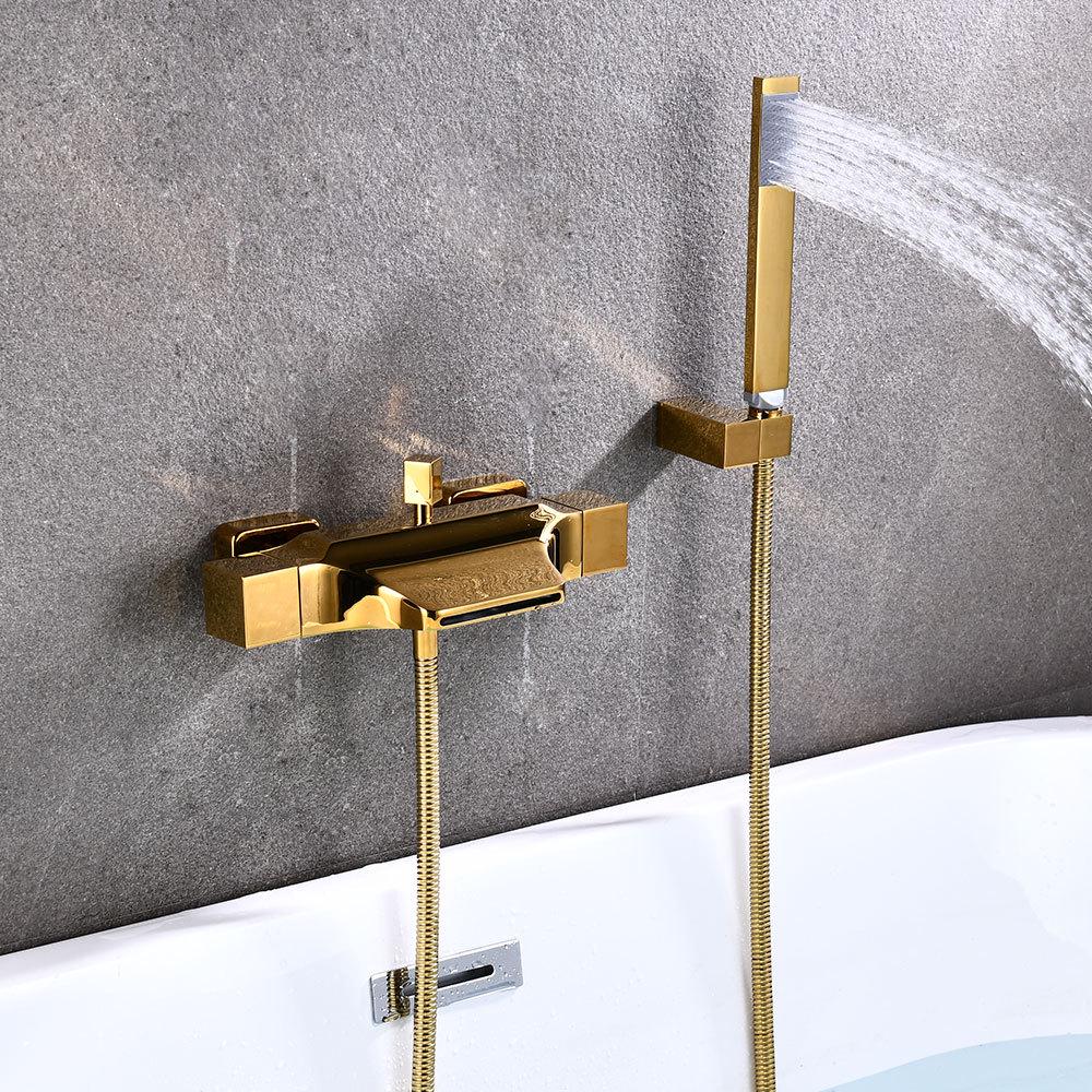 Brass Waterfall Bathtub Faucet Set with Black Exposed Edge and Hot/Cold Shower Head