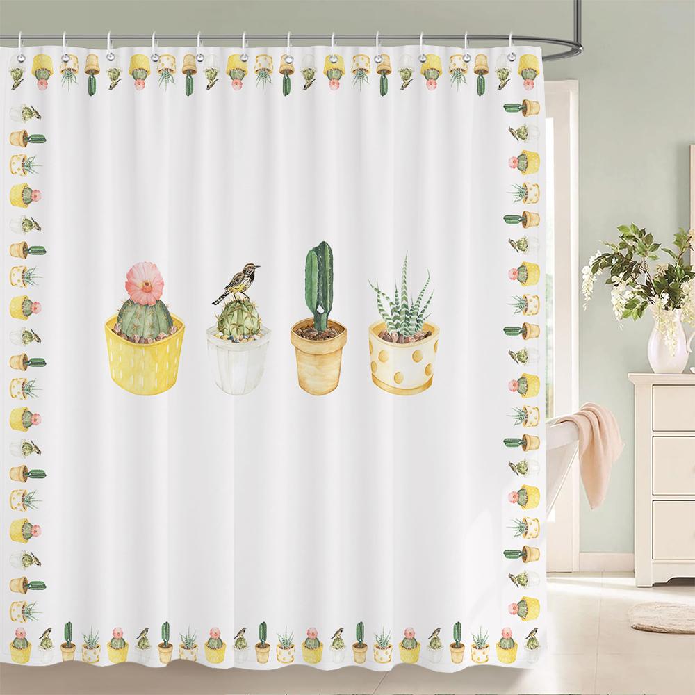 Tropical Plant Cactus Shower Curtain 180Cm *180Cm With Hooks, Floral Waterproof Shower Curtain, Shower Curtains For Bathroom