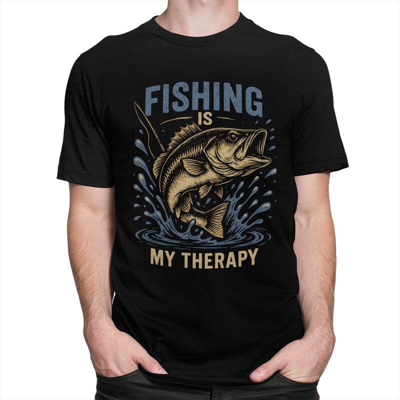 Fishing Is My Therapy T Shirt Men Short Sleeve Angler Fishman Lover Tshirts Casual Tee Tops For Husband Father Oversized Tshirt